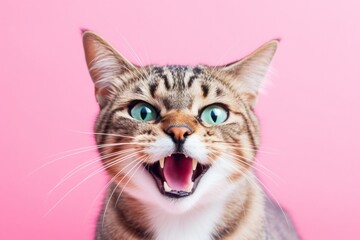 Obraz premium Studio portrait photography of an angry tabby cat investigating against a pastel or soft colors background. With generative AI technology