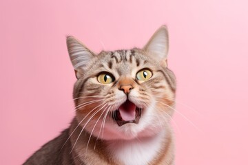 Studio portrait photography of an angry tabby cat investigating against a pastel or soft colors background. With generative AI technology