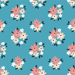 Fototapeta na wymiar Seamless floral pattern, cute ditsy print with small bouquets. Pretty botanical design for fabric, paper: small hand drawn flowers, tiny leaves on a blue background. Vector illustration.