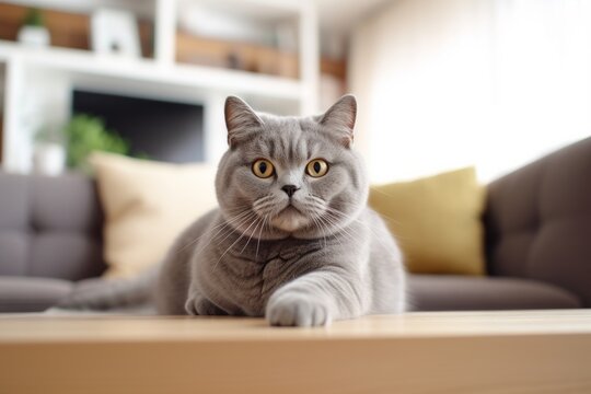 Environmental portrait photography of a smiling british shorthair cat back-arching against a cozy living room background. With generative AI technology