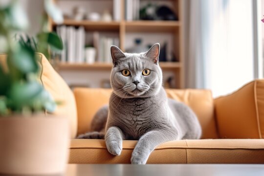 Environmental portrait photography of a smiling british shorthair cat back-arching against a cozy living room background. With generative AI technology