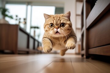 Environmental portrait photography of a curious exotic shorthair cat pouncing against a cozy living room background. With generative AI technology