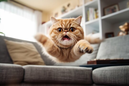 Environmental portrait photography of a curious exotic shorthair cat pouncing against a cozy living room background. With generative AI technology
