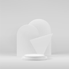 White podium 3d background for product display. Minimal round stairs stage and geometric shapes. Abstract gallery of gray blocks, studio showcase vector render.