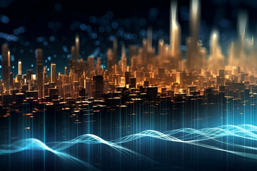 Stylish abstract background with electromagnetic waves and a futuristic skyline, Generative AI