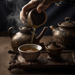 Fototapeta na wymiar Tea concept with white tea set of cups and teapot with fresh tea on wooden background Generative AI
