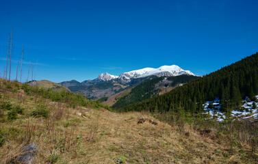 Panorama of snowy Tatra mountains in spring, south Poland