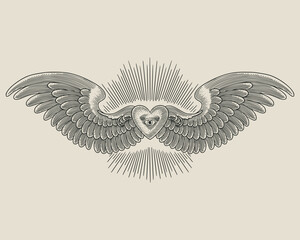 heart with wings and eye. vintage engraving vector illustration - obrazy, fototapety, plakaty