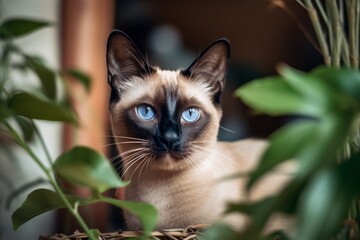 Headshot portrait photography of a smiling siamese cat exploring against an indoor plant. With generative AI technology