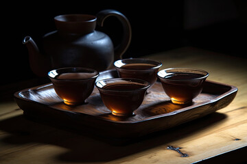 Fototapeta na wymiar Tea concept with white tea set of cups and teapot with fresh tea on wooden background Generative AI