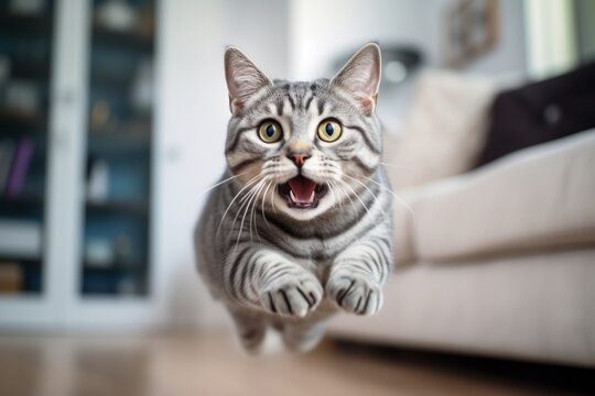 Headshot portrait photography of a smiling american shorthair cat jumping against a cozy living room background. With generative AI technology