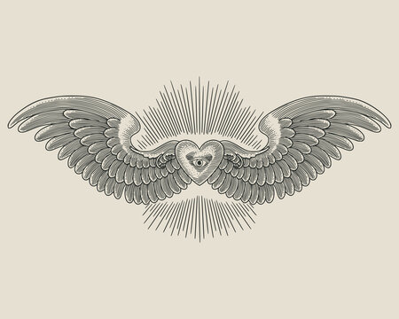 heart with wings and eye. vintage engraving vector illustration