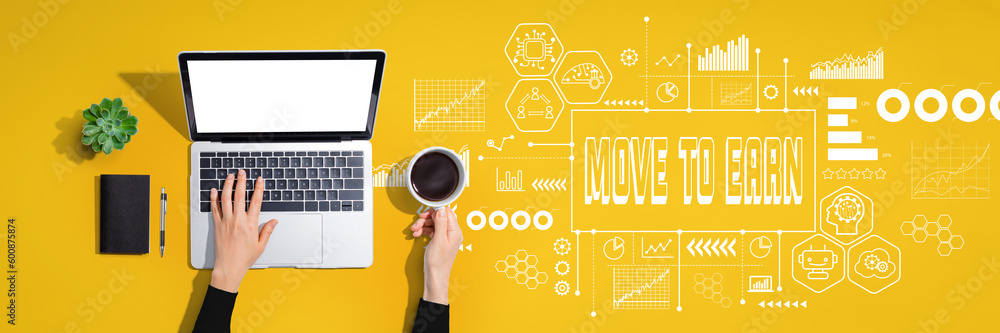 Poster Move to Earn theme with person using a laptop computer