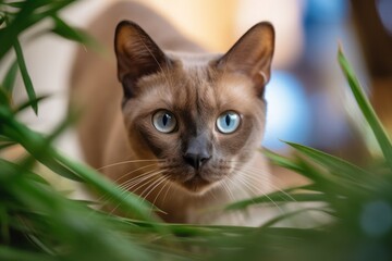 Headshot portrait photography of a happy burmese cat hopping against an indoor plant. With generative AI technology