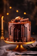 Fototapeta na wymiar Beautiful designer chocolate cake with golden decorations, Generative AI