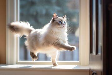 Full-length portrait photography of a curious ragdoll cat leaping against a bright window. With generative AI technology