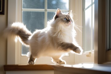 Full-length portrait photography of a curious ragdoll cat leaping against a bright window. With generative AI technology
