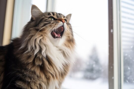 Medium shot portrait photography of a happy norwegian forest cat whisker twitching against a bright window. With generative AI technology