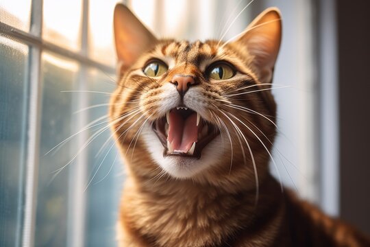 Environmental portrait photography of a smiling havana brown cat meowing against a bright window. With generative AI technology