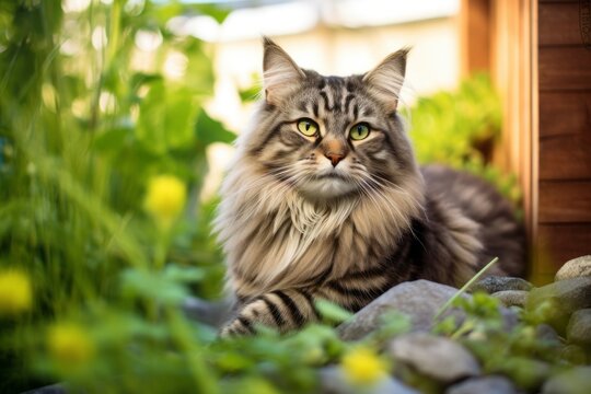 Environmental portrait photography of a curious siberian cat scratching against a garden backdrop. With generative AI technology
