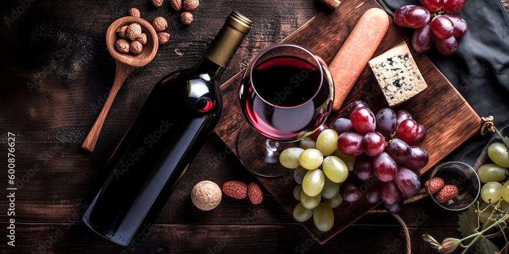 Aufkleber wine composition on a dark rustic background was flat layed - generative ai.