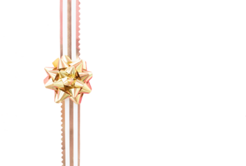 Rose gold decorative bow on a gold stripe PNG. Birthday and party gift decoration concept.