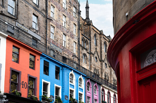 Edinburgh, Scotland - April 11, 2023: Busy Streets of Edinburgh, Scotland, UK. The most iconic streets in Scotland and major tourist attractions with shops and bars at Victoria Street