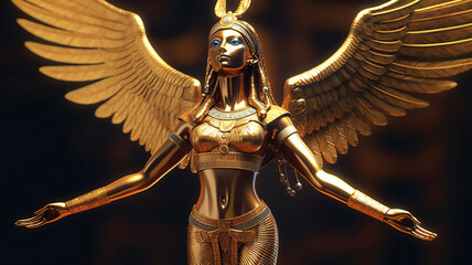 Golden Goddess Isis with outstretched wings, illustration, generative AI tools  - obrazy, fototapety, plakaty