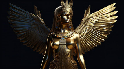 Golden Goddess Isis with outstretched wings, illustration, generative AI tools  - obrazy, fototapety, plakaty