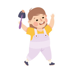 Joyful little girl holding scoop. Happy kid playing toys cartoon vector illustration