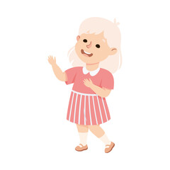 Joyful blonde little girl doing welcome gesture cartoon vector illustration