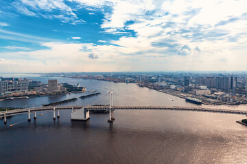 Aerial view of the Rainbow Bridge in Odaiba, Tokyo, Japan