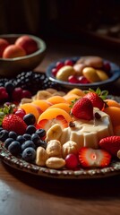 Fototapeta premium Berries plate with sweet halva on wooden background. AI generated