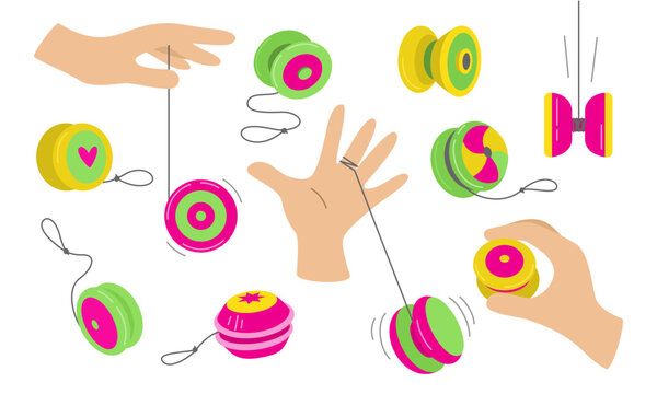 Isolated set of yo yo toys on a white background. The hand is playing with a toy. Fun and play. Vector flat illustration