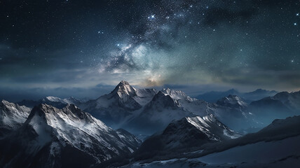 Fototapeta na wymiar Fantastic starry sky. Snowy peaks, generative AI tools 