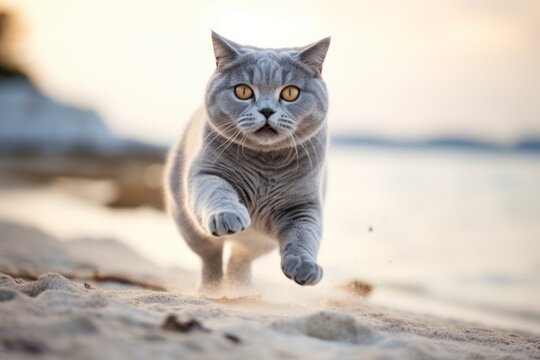 Medium shot portrait photography of a smiling british shorthair cat leaping against a serene beach. With generative AI technology