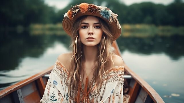 generative AI tools, fashionable young model in boho style dress on a boat on the lake 