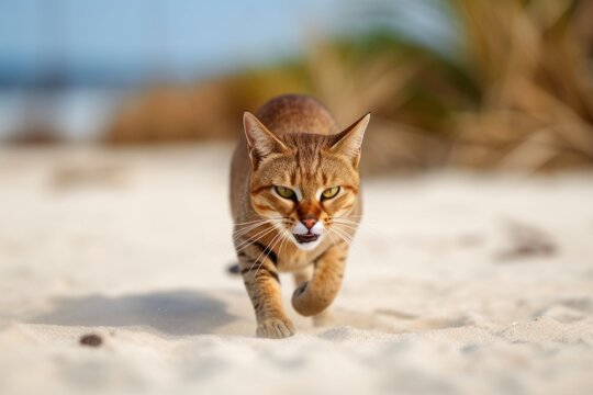 Environmental portrait photography of an angry abyssinian cat running against a serene beach. With generative AI technology