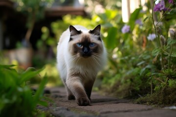 Naklejka na ściany i meble Headshot portrait photography of a smiling balinese cat hopping against a charming garden path. With generative AI technology