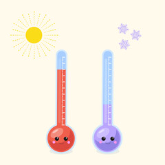 Vector Illustration of Cute Thermometer in the Sun and in the Snow