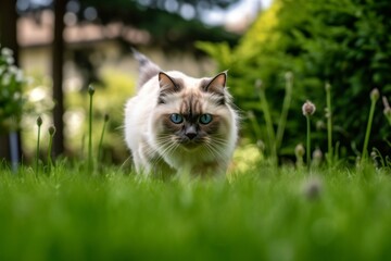 Group portrait photography of a curious ragdoll cat hopping against a lush green lawn. With generative AI technology