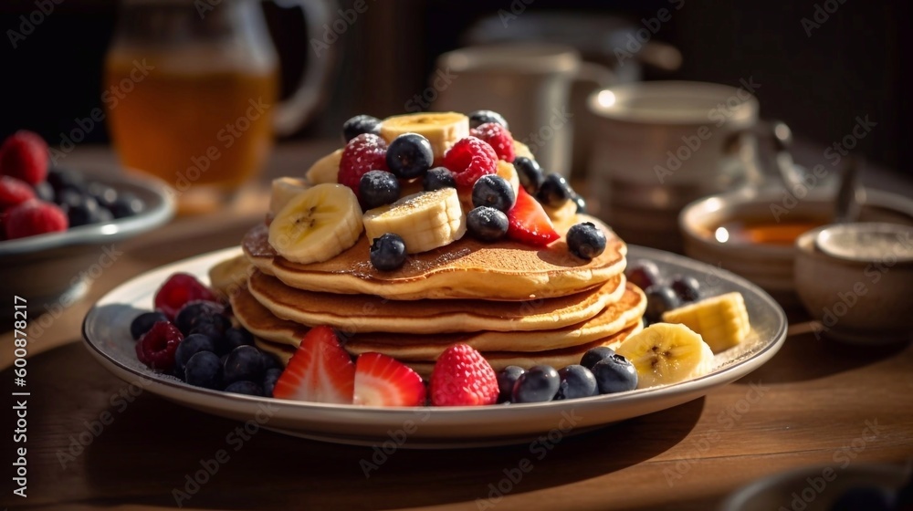 Wall mural stack of delicious pancakes with fresh berries for breakfast in plate on wooden table. ai generated