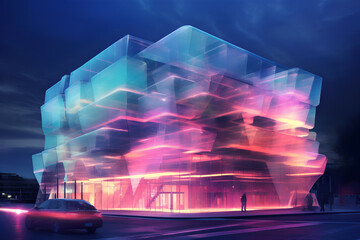 Futuristic Cityscape with Shimmering Holographic Building, Generative AI