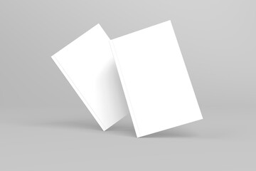 2 softcover book mockups are standing on a gray background, designed with 3D render visual effects that are indistinguishable from reality. A mockup, with flashy white covers resembling a real book.
