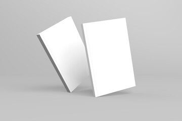2 softcover book mockups are standing on a gray background, designed with 3D render visual effects that are indistinguishable from reality. A mockup, with flashy white covers resembling a real book.
