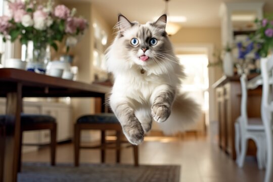 Environmental portrait photography of a smiling ragdoll cat leaping against a chic dining room. With generative AI technology
