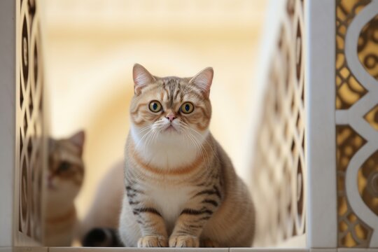 Group portrait photography of a happy exotic shorthair cat crouching against a decorative staircase. With generative AI technology