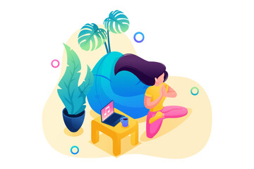 Isometric 3D. Girl Does Yoga At Home, Meditation For The Health Of The Body And Mind. Concept For Web Design