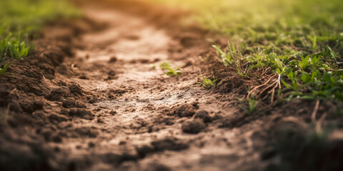 Close up of freshly ploughed soil with hatched seeds, small plants, new life, soft focus background with copyspace - generative AI