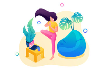 Isometric 3D. Girl Does Yoga At Home, Meditates To Music. Concept For Web Design